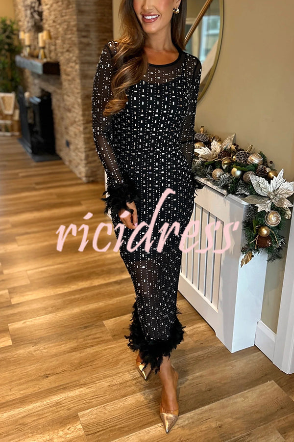 Sexy Long Sleeve Round Neck Feather Edge Rhinestone Decoration Slim Fit Maxi Dress