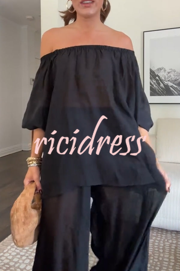 Comfortable Area Chiffon Off Shoulder Balloon Sleeve Top and Elastic Waist Knotted Bloomer Set
