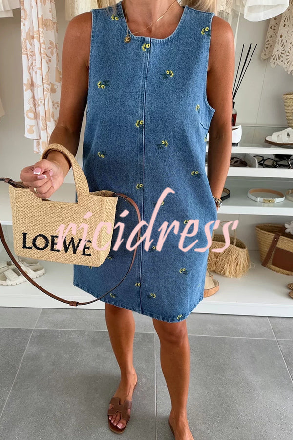 Floral Print Round Neck Sleeveless Loose Denim Mini Dress