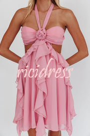 Romantic Midnight Rose Detail Cutout Ruffles Halter Mini Dress