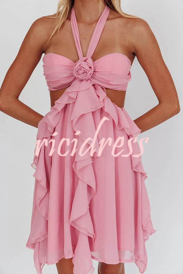 Romantic Midnight Rose Detail Cutout Ruffles Halter Mini Dress