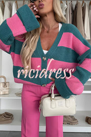 Fashion Contrast Striped Casual V-neck Long-sleeved Knitted Cardigan