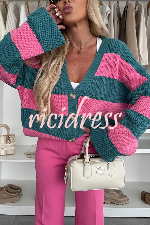 Fashion Contrast Striped Casual V-neck Long-sleeved Knitted Cardigan
