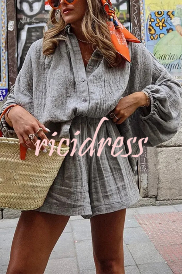 Solid Color Lapel Long Sleeve Loose Shirt and Elastic Waist Casual Pocket Shorts Set