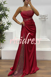 Essie Satin Rhinestone Patchwork Twist Waist Strapless Slit Maxi Dress