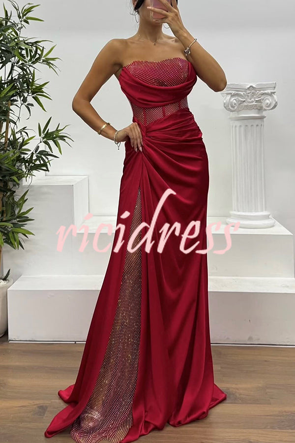 Essie Satin Rhinestone Patchwork Twist Waist Strapless Slit Maxi Dress