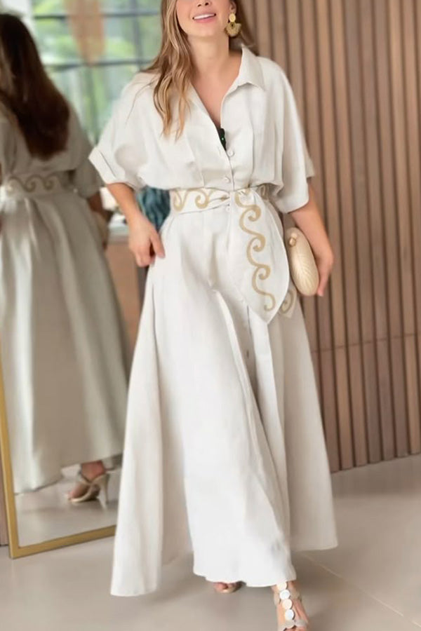 Solid Color Lapel Pocket Pattern Lace-up Loose Maxi Dress