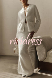 Solid Color Long-sleeved Button-pocket Knitted Jacket and Elegant Long Skirt Set