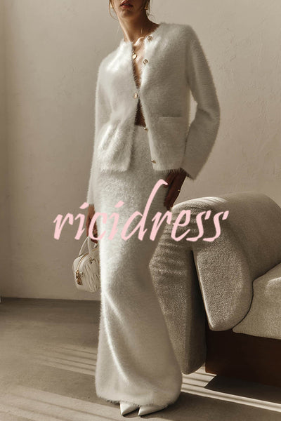 Solid Color Long-sleeved Button-pocket Knitted Jacket and Elegant Long Skirt Set