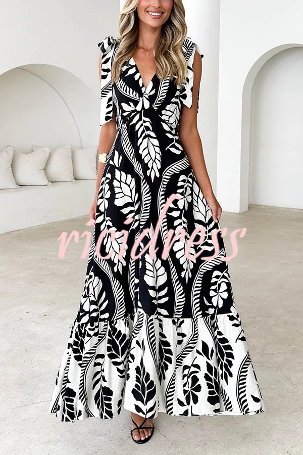 Unique Printed V-neck Sleeveless Lace-up Waist Maxi Dress