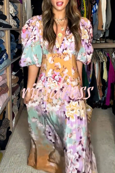 Best Garden Party Satin Colorful Floral Print Puff Sleeve Maxi Dress