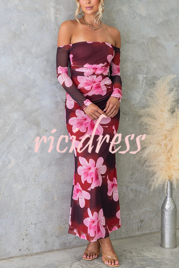 Floral Fantasy Mesh Off Shoulder Long Sleeve Stretch Maxi Dress