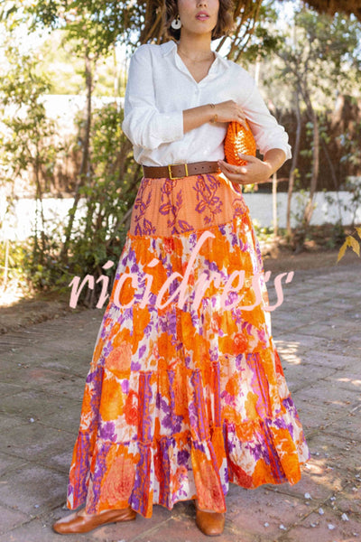 Resort Style Floral Print Elastic Waist Loose Stitching Maxi Skirt