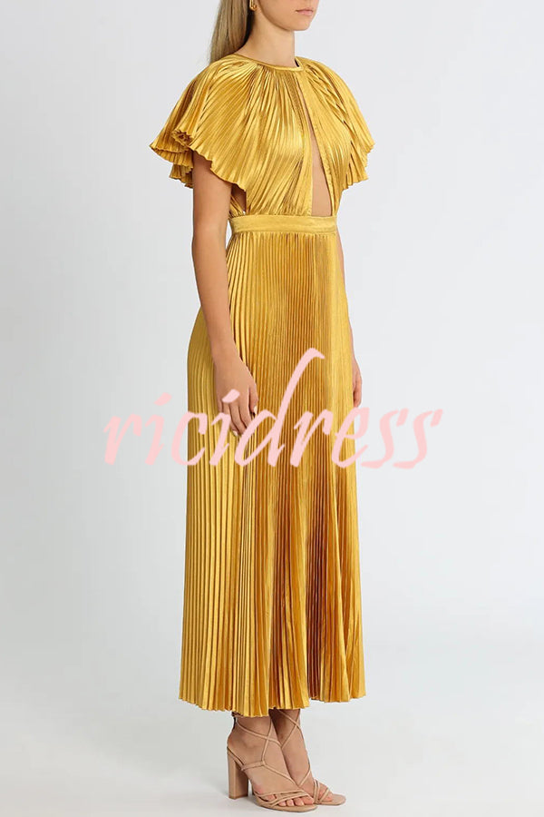 Flash Goddess Satin Pleated Bell Sleeve Cutout Detail Gown Maxi Dress