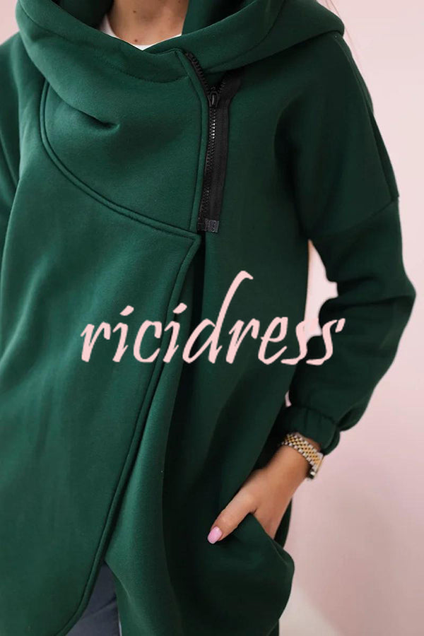 Solid Color Loose Hooded Zip-up Casual Sports Jacket