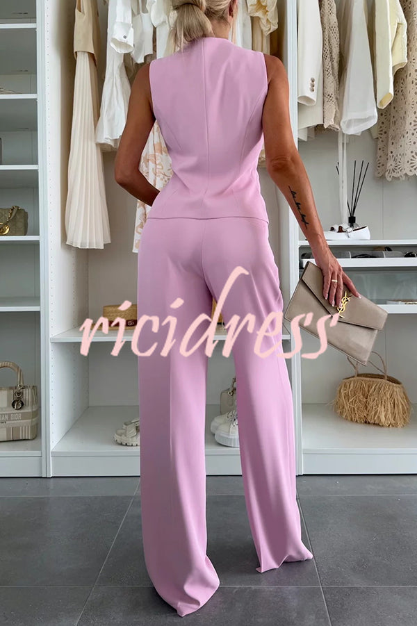 Workplace Chic Sleeveless Button Vest and Relaxed Pocket Wide Leg Pants Set