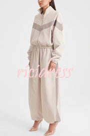 Fashionable Contrasting Long-sleeved Loose Coat and Elastic Waist Wide-leg Pants Set