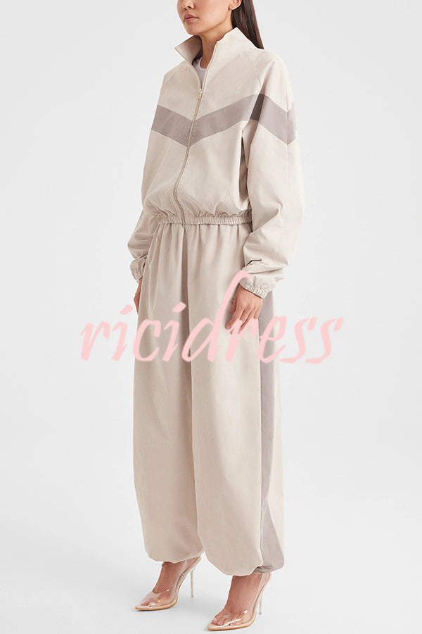 Fashionable Contrasting Long-sleeved Loose Coat and Elastic Waist Wide-leg Pants Set