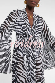 Marsie Zebra-print Elastic Drawstring Waist Long Bell Sleeve Cover-up Kimono