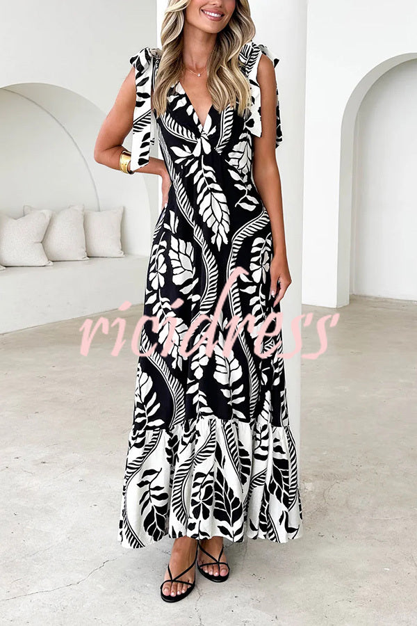 Unique Printed V-neck Sleeveless Lace-up Waist Maxi Dress