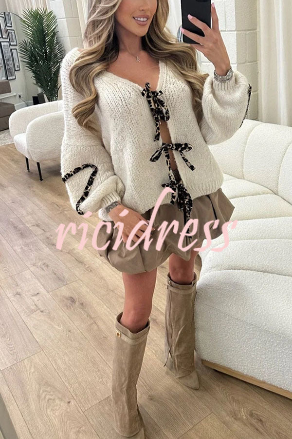 Fashionable Loose Long-sleeved Leopard Print Lace-up Knitted Sweater Cardigan