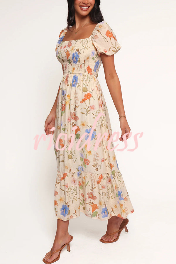 Dreamy Floral Print Square Neck Puff Sleeve Smocked Maxi Dress