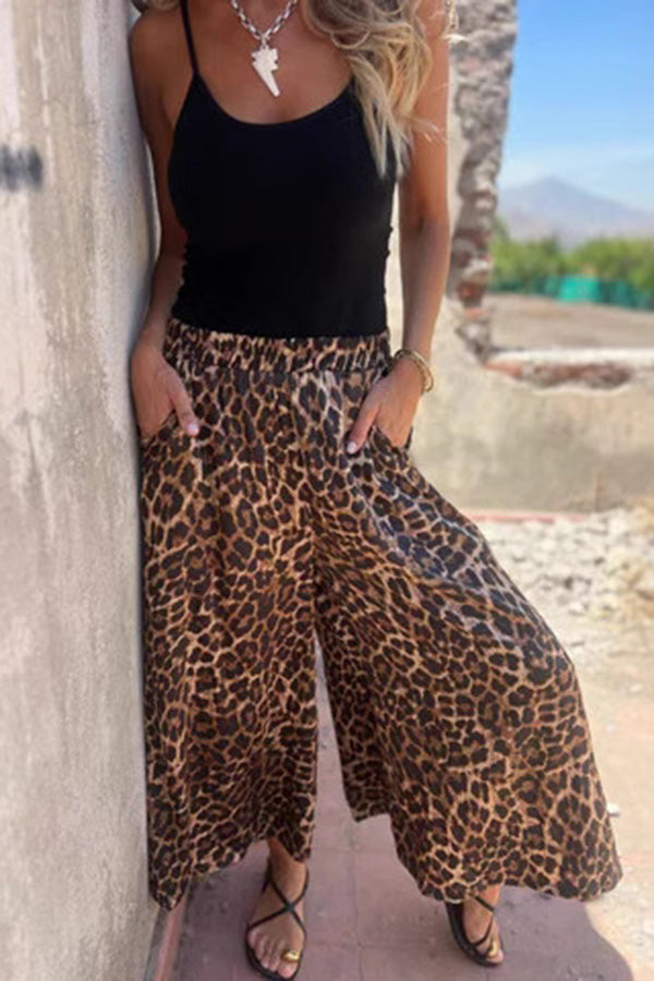 Leopard Print Elastic Waist Loose Pocket Wide Leg Pants