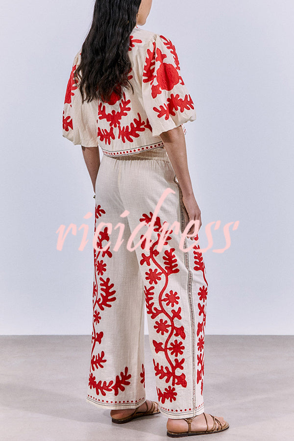 Till Sunset Linen Blend Unique Print Lace-up Puff Sleeve Shirt