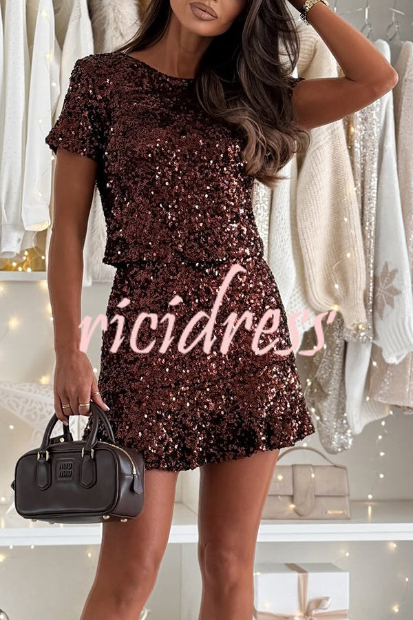 Midnight Fizz Sequin Short Sleeve Top and Elastic Waist Mini Skirt Set
