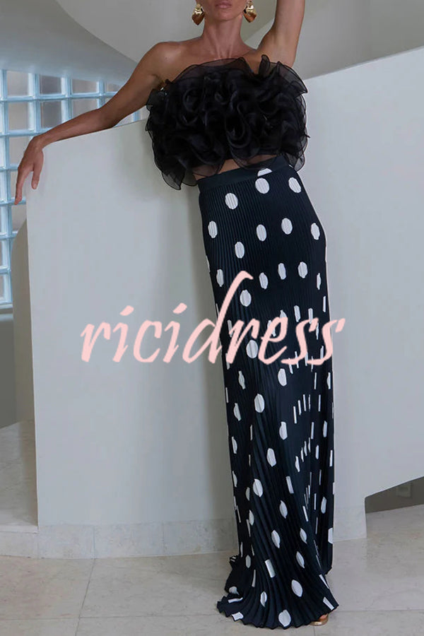 Eye-catching Satin Pleated Poka Dot Print High Rise Drape Maxi Skirt