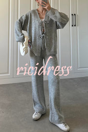 Solid Color V-neck Tie Long-sleeved Loose Knit Cardigan and Elastic Waist Casual Straight Leg Pants Set