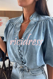 Fashion V-neck Button-down Lantern Sleeve Casual Denim Shirt