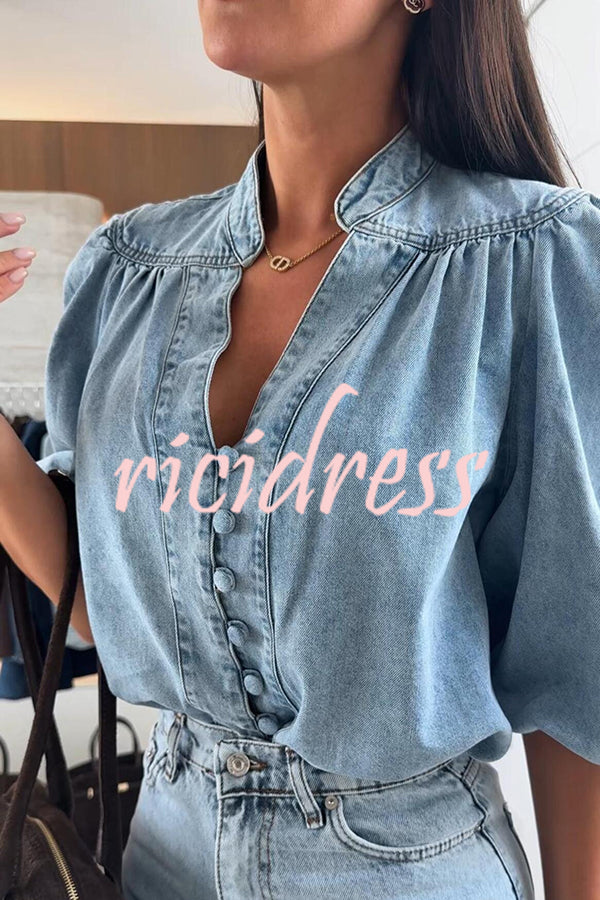 Fashion V-neck Button-down Lantern Sleeve Casual Denim Shirt
