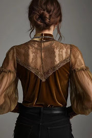 Fashionable Velvet and Mesh Patchwork Casual Long-sleeved Top