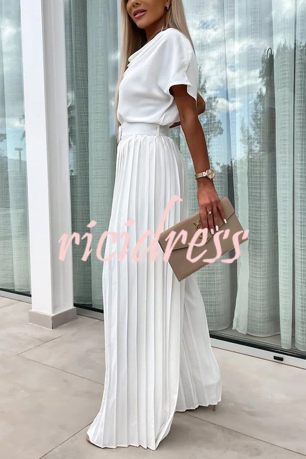Ivy Cowl Neck Short Sleeve Belt Pleated Loose Wide Leg Jumpsuit