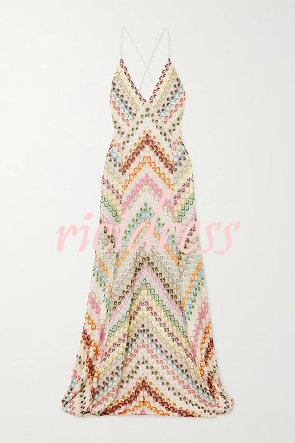 Missoni Summer Knit Colorful Herringbone Print Open Beck Maxi Dress