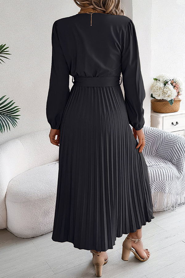 Solid Color Elegant V-neck Buttoned Lace-up Pleated Maxi Dress