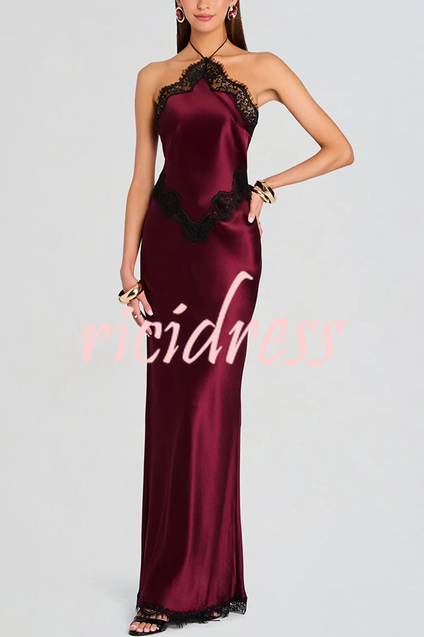 Everly Contrast Color Satin Lace Trim Halter Back Lace-up Flare Maxi Dress