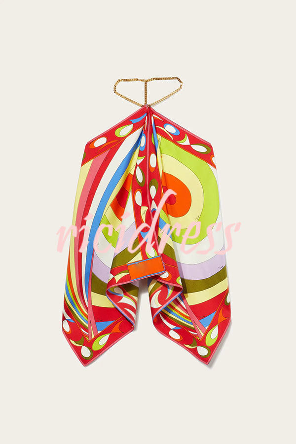 Artistic Girl Satin Unique Print Metal Chain Halter Draped Scarf Tank