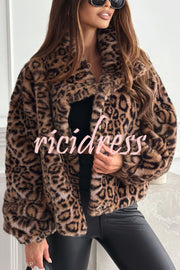 Stylish Leopard Print Lapel Long Sleeve Short Coat