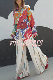 Elouise Satin Color Block Art Print Long Sleeve Button Back Elastic Waist H-line Mini Dress