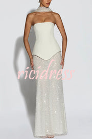 Oakley Corset Strapless Top and Sequin High Rise Maxi Skirt Scarf Set