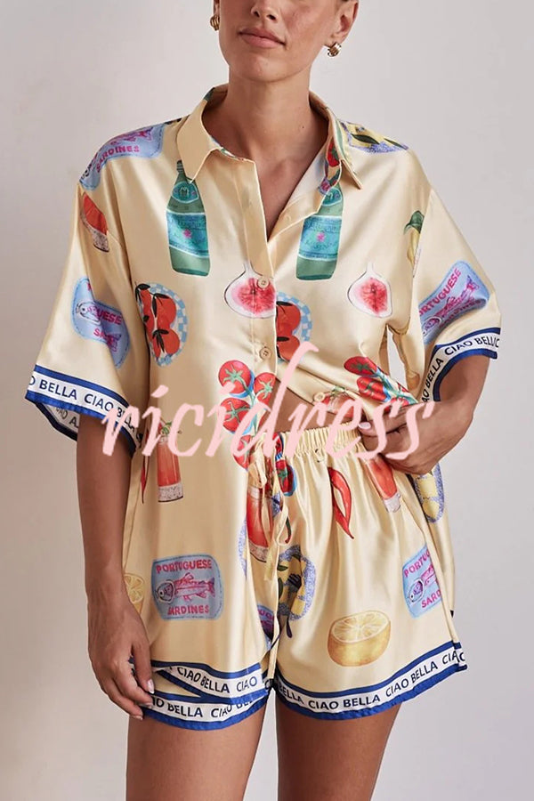 Satin Unique Print Lapel Short Sleeve Loose Shirt and Elastic Waist Drawstring Shorts Set