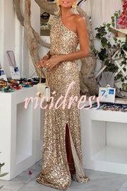Santorini Night Sequin Fabric One Shoulder Slit Maxi Dress