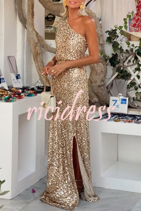 Santorini Night Sequin Fabric One Shoulder Slit Maxi Dress