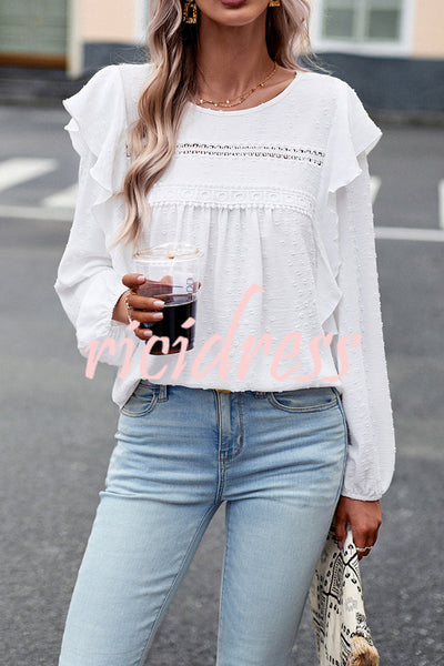 Textured Lace Fabric Ruffle Long Sleeve Blouse
