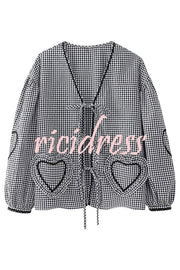 Lovely Plaid Heart Pattern Casual Lace-up Pocket Loose Shirt