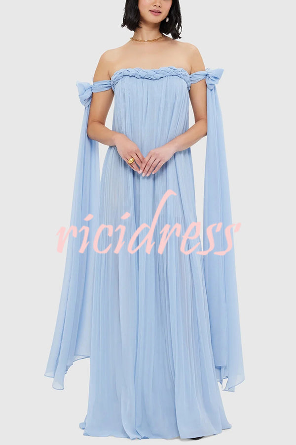 Fairy Spirit Tulle Braided Neckline Tie Arm Straps Pleated Maxi Dress