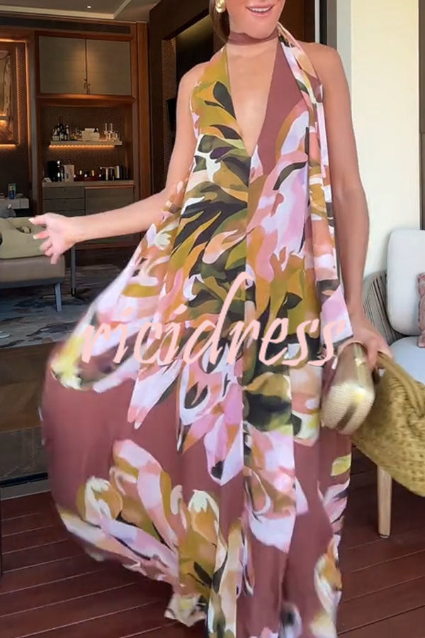 Beachside Bliss Floral Print V-neck Scarf A-line Maxi Dress