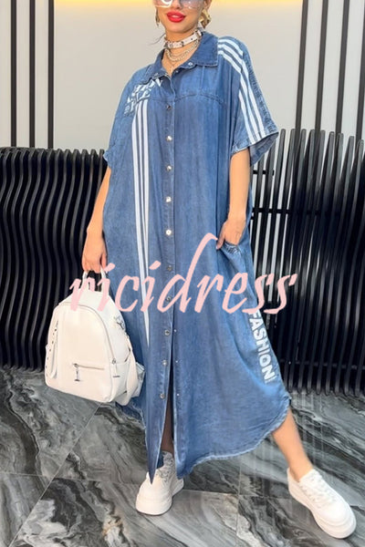 Fashion Letter Print Lapel Cardigan Loose Maxi Dress